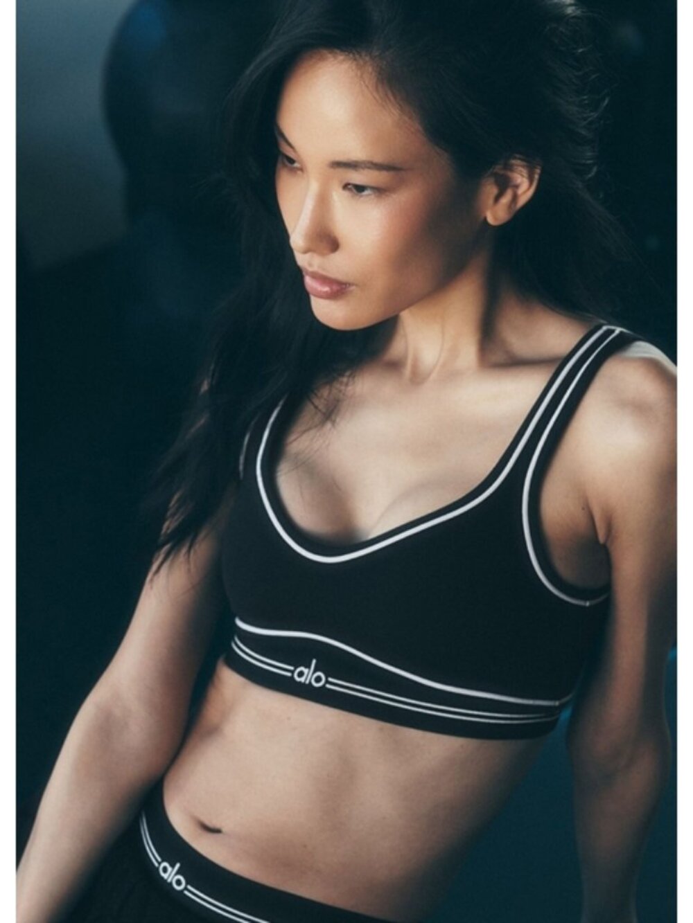 Alo Airbrush Heart Throb Bra Black White Padded Seamed Sports Cropped Bralette
